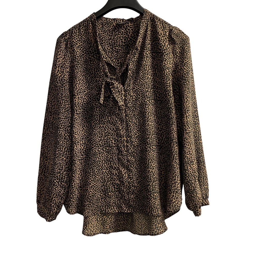 Emme Marella Top Dark Animal Print Sheer Tie‎ Neck Silk Loose Fit Quiet Luxury